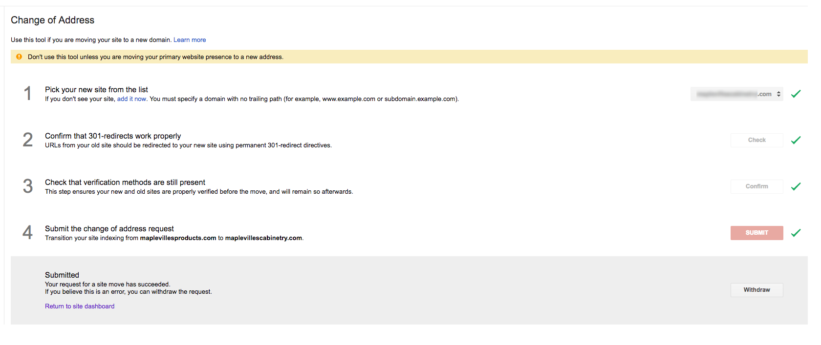 Change of Address_CoA_Google_Console_Successful
